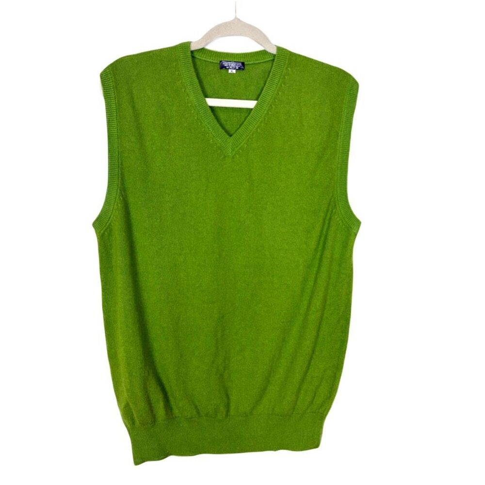 Vintage Cashmere Sweater Vest XL Green Cozy Knitted Sleeveless V-Neck Pullover